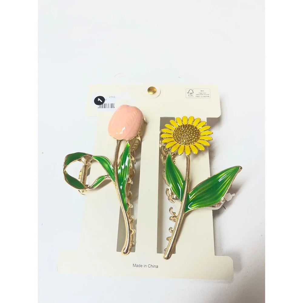 Piper.k Floral Hair Claw Clips Set Sunflower Tulip Enamel‎ Gold Tone 2 Piece NEW